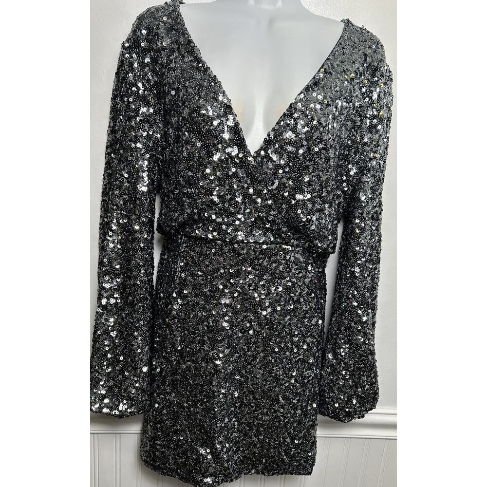 O.P.T. Dress Women M Black Gray All Sequence Mini V-neck Open Back L/S Party